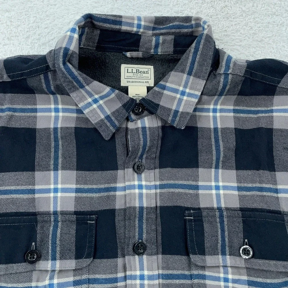 L.L. Bean Fleece Lined Flannel‎ Shirt Jacket XL Traditional Fit Blue Gray Plaid